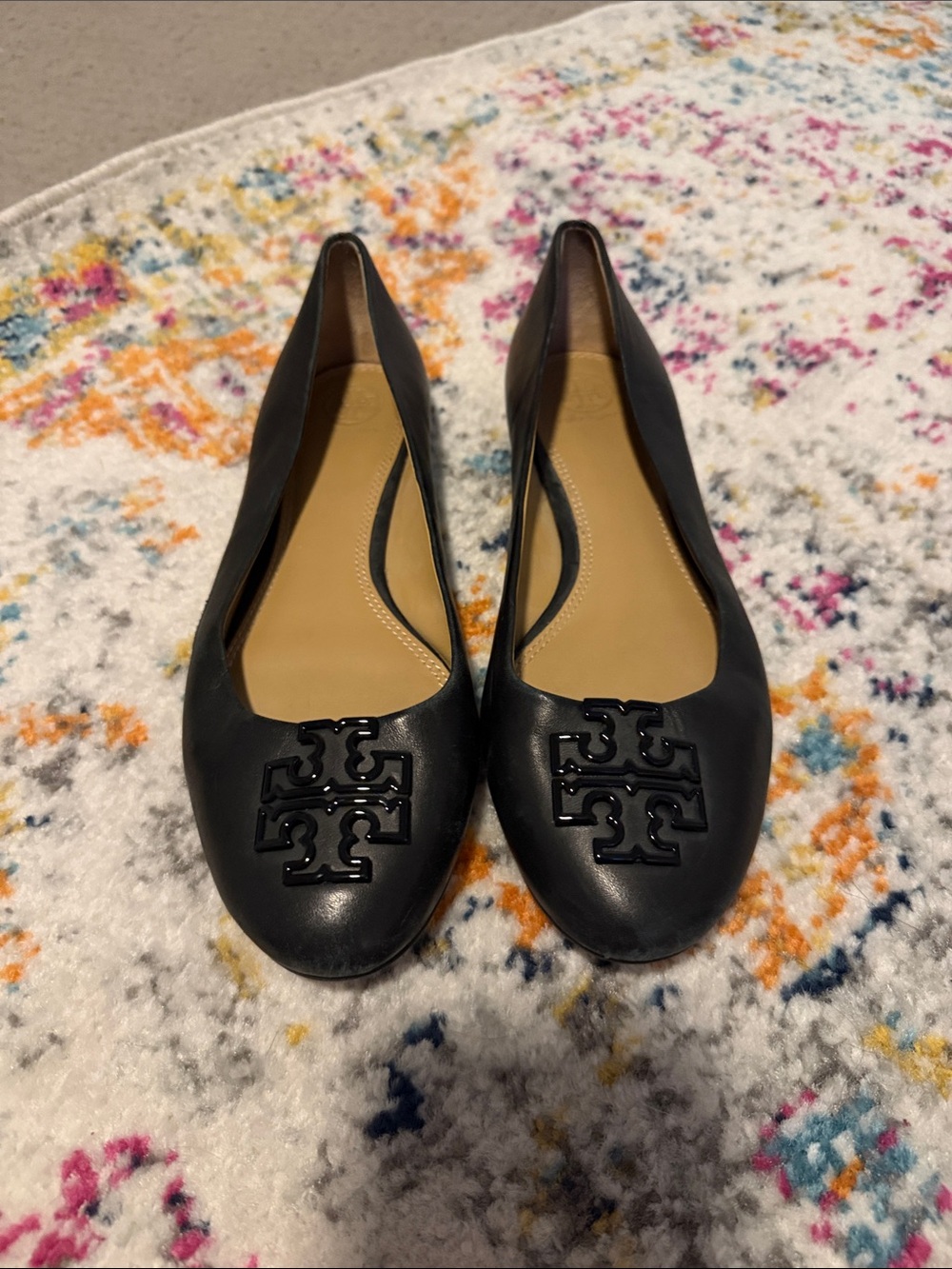 Tory Burch Black Leather Logo Flats